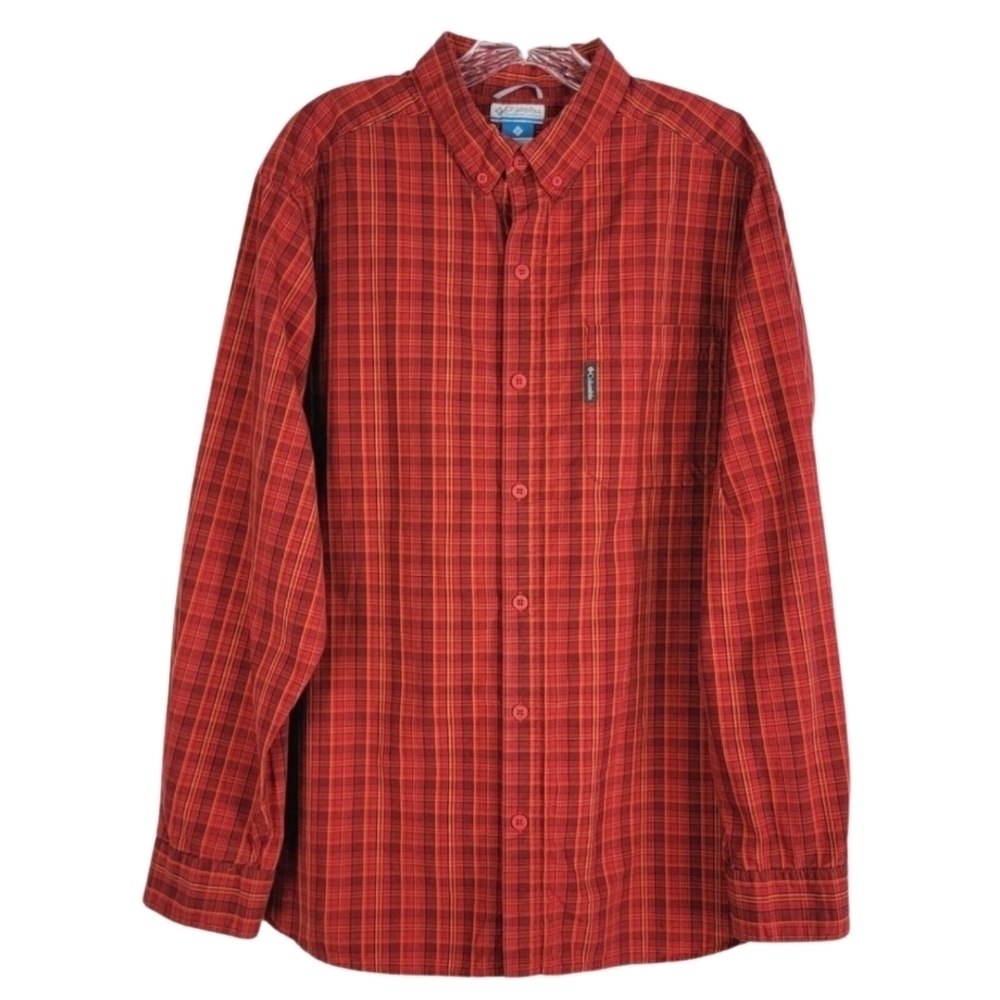 Columbia Mens Plaid Button Down Shirt Size Large Long Sleeve Striped Red Orange
